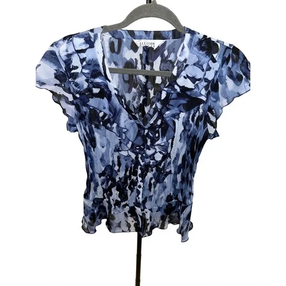 Allison Taylor Y2K Blue Black Abstract V-Neck Short Sleeve RetroBlouse Women's M - Picture 1 of 11